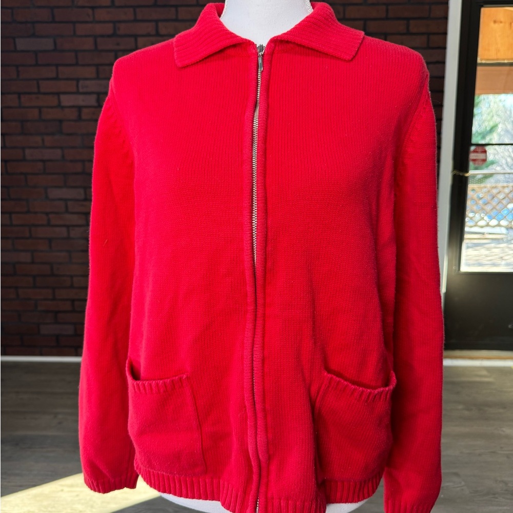 Karen Scott Sport‎ Red Zip Up Sweater Women’s XL 100% Cotton Collared Cardigan
